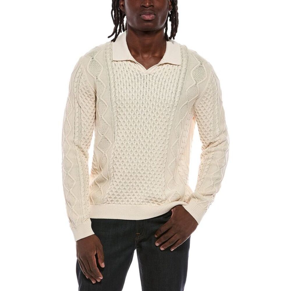 John Varvatos Mens Haynes Johnny Collar Sweater, White